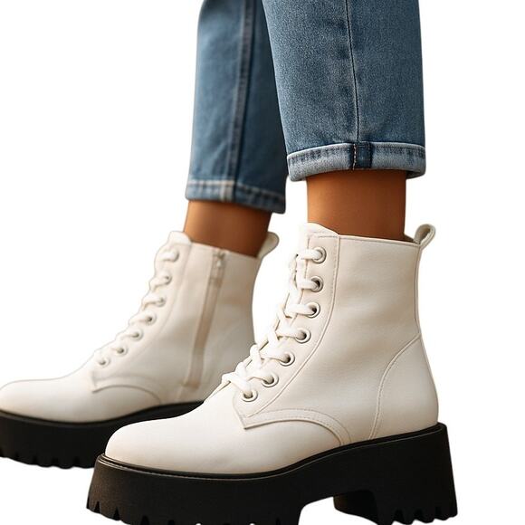 Rouge 9 White Combat Boots Women's 2 1/2 Inch Platform Shoe Zipper Laces - Picture 1 of 8